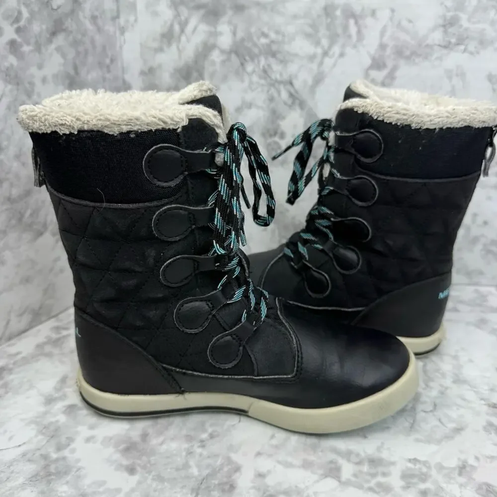 MERRELL Boots Kids Sz 2 Heidi Leather Waterproof Black Lace Up Zip Winter Snow